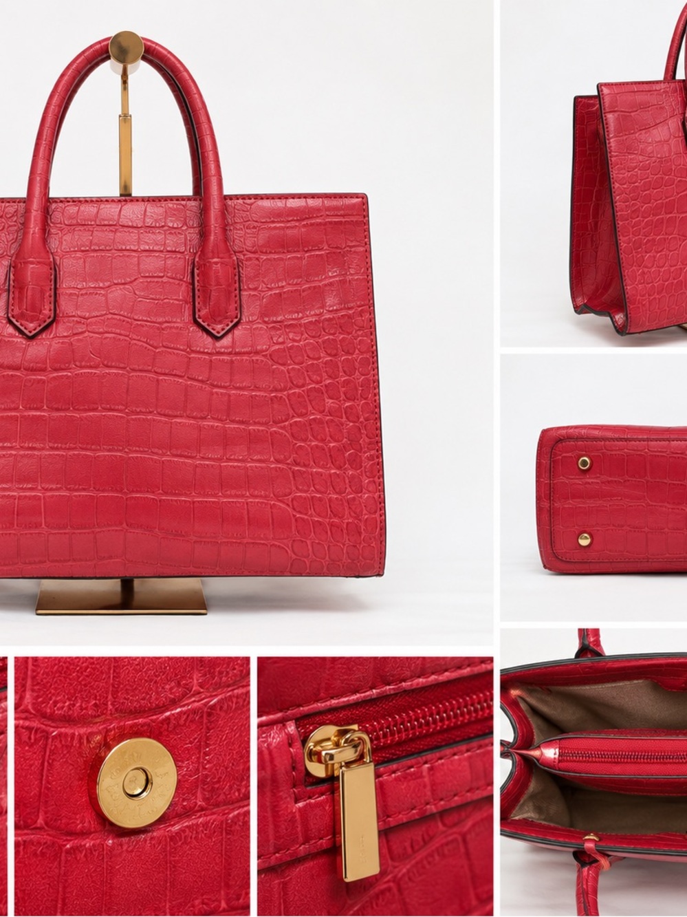 Anyhan Red Croc Embossed Structured Tote Handbag